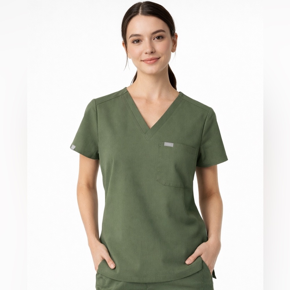 FIGS Catarina One Pocket Scrub Top XXS Dark Olive Moss Green FIONx Technical